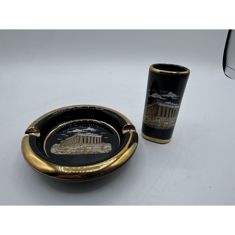 VTG Greece Ashtray and Shot Glass 24k GOLD Hand Made in Greece Art